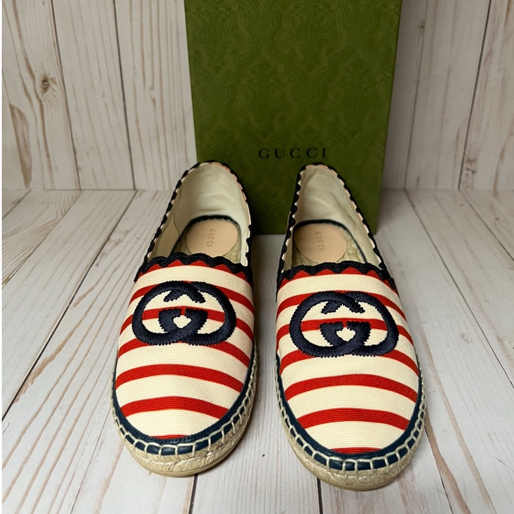 Gucci Interlocking G Striped Canvas Espadrille Flat Sz 40.5 / 10.5 - Picture 5 of 11